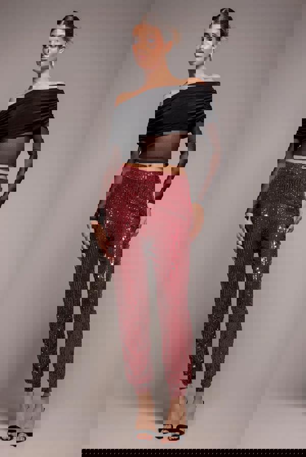 Sequin Cuffed Ankle Trouser - Wine TR360