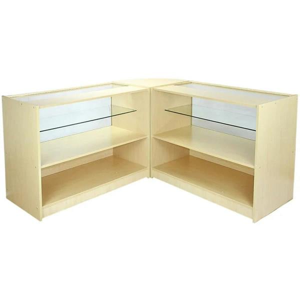 Corner display case in light maple finish with glass shelves, featuring a sleek design and ample storage space for showcasing products