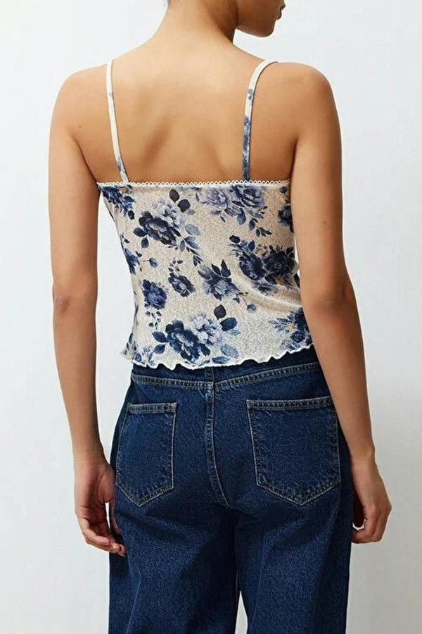 WOVCOR Floral Print Strappy Knitted Blouse