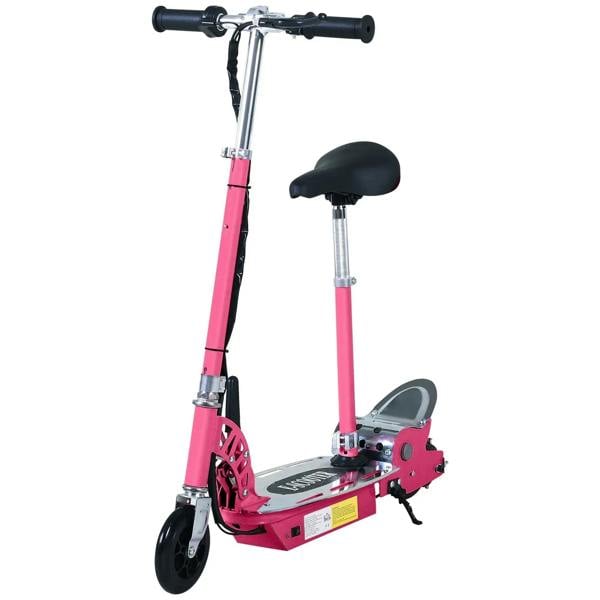 Pink foldable electric scooter with black seat and handlebar grips