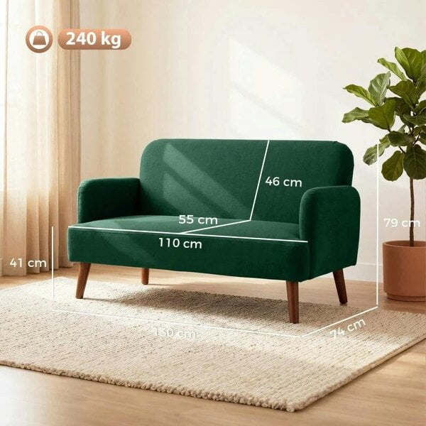 Velvet Feel Fabric 2 Seater Sofa, Small Sofa Loveseat with 21cm Thick Padding and Wood Legs, Dark Green