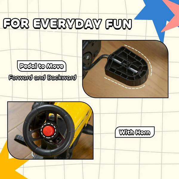 Yellow ride-on tractor with steering wheel, horn, and forward/back pedal control