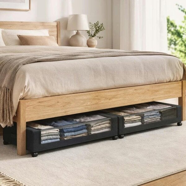 Bobobiy 40L Under Bed Storage On Wheels Pack of 2, Fabric Rolling Under Bed Drawers with Clear Lid, Zip, Steel Frame, Black
