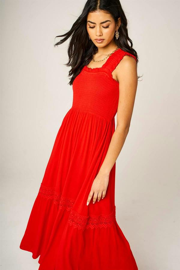 FS Collection Lace Detail Tiered Maxi Dress In Red