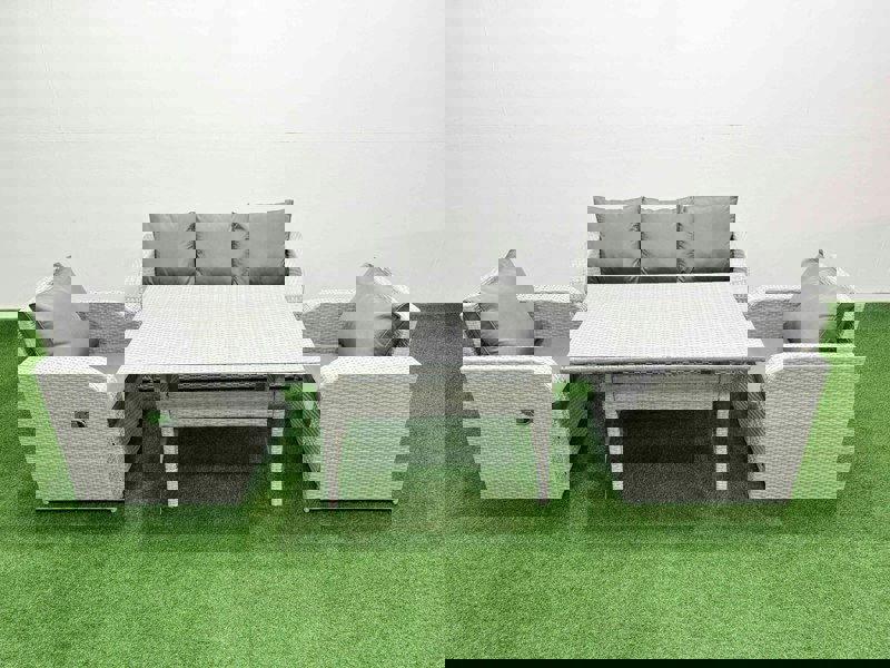 Fimous PE Rattan Garden Furniture Set Reclining Chair Sofa Lounge Sofa Set Rectangular Dining Table Light Grey