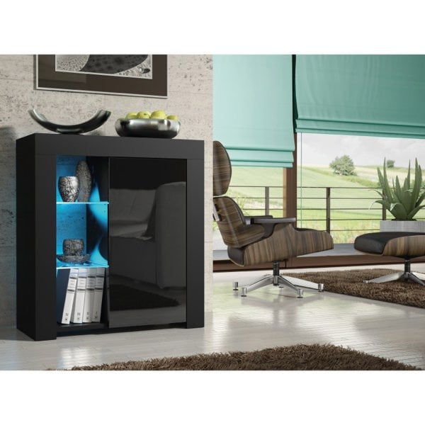 Mex Furniture Distinctive 83cm Cabinet Cupboard Sideboard with Black High Gloss Doors and Free LED Lights