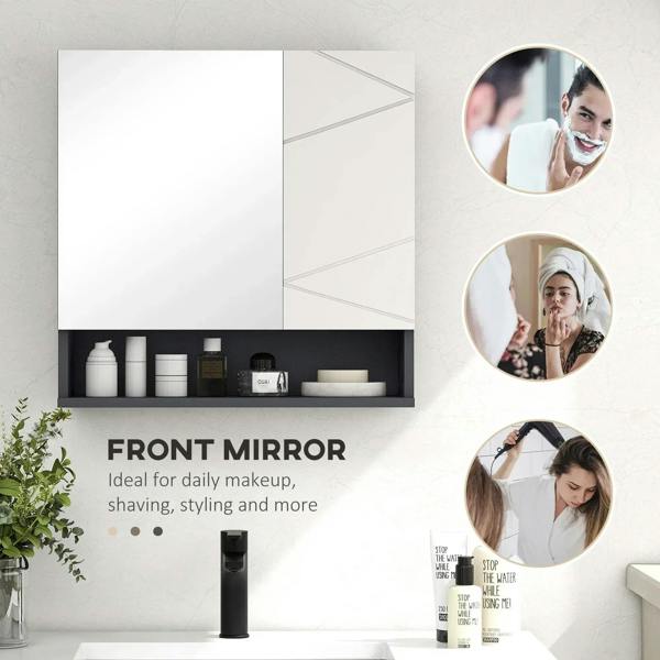 Light grey bathroom mirror cabinet with front mirror panel and countertop-ready storage