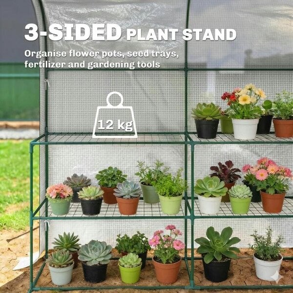Bobobiy Walk-in Greenhouse with Shelves, Small Greenhouse with PE Cover and Roll-up Door, 123 x 187 x 189 cm, White