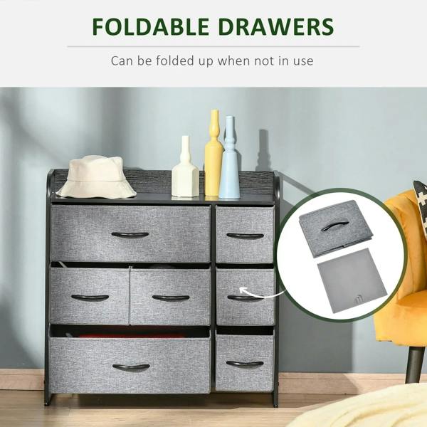 Grey fabric drawer dresser with foldable drawer fronts and black metal frame