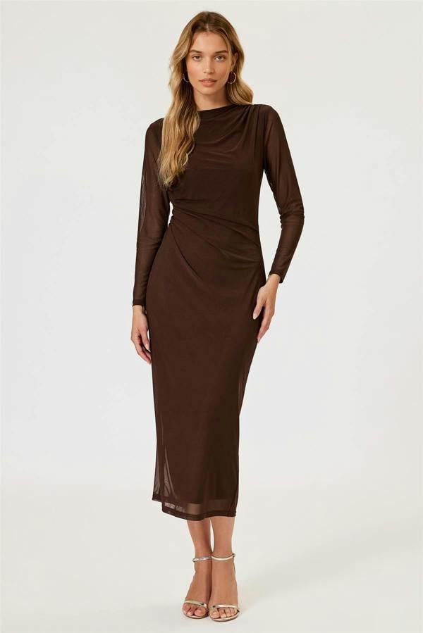 FS Collection Long Sleeves Mesh Midi Dress In Brown