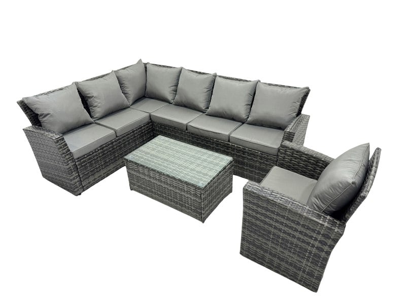 Fimous High Back Rattan Corner Sofa Set Oblong Coffee Table Outdoor Furniture dark Grey Left Option With Extra Chair