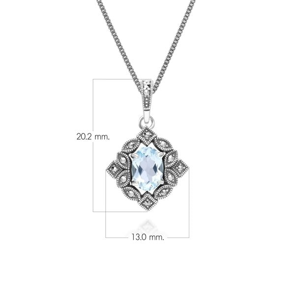 Gemondo Art Deco Style Oval Blue Topaz & Marcasite Pendant Necklace in Sterling Silver