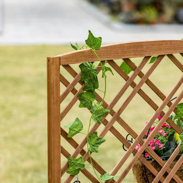 Close-up of brown lattice trellis planter with climbing green leaves