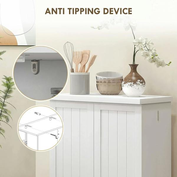 White freestanding kitchen cupboard with two doors and open-top storage shelf above