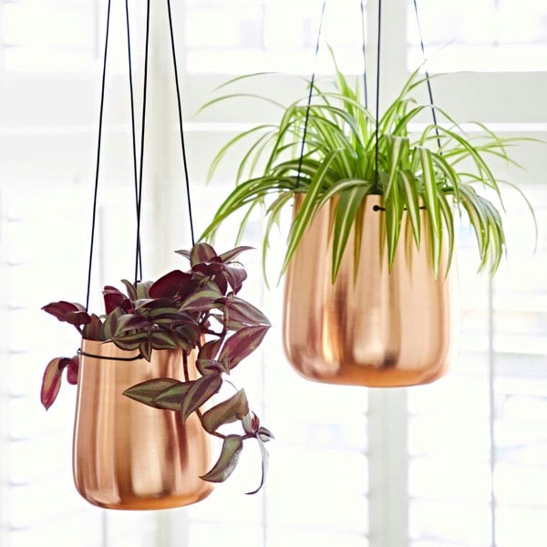 two copper hanging planters hanging from a window with houseplants in.