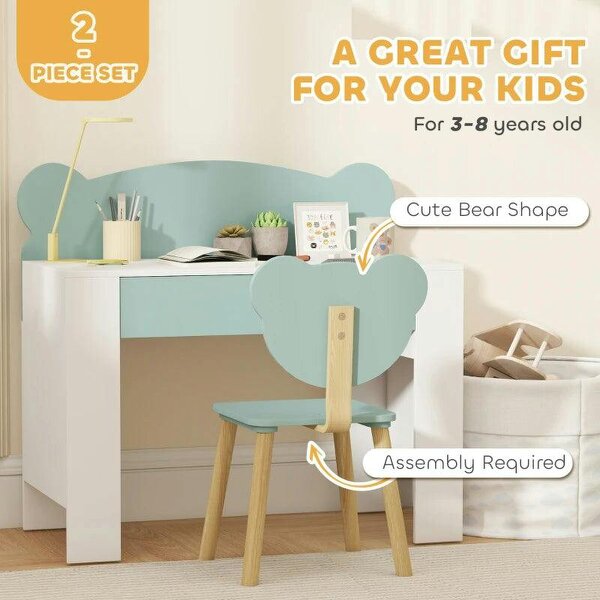 Kids Desk and Chair Set with Drawer for Drawing, Reading, Bear Theme Children Furniture for Bedroom, Daycare, Green