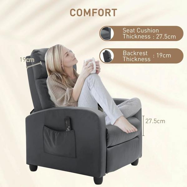 Grey recliner armchair with side pocket and built-in massage control on armrest