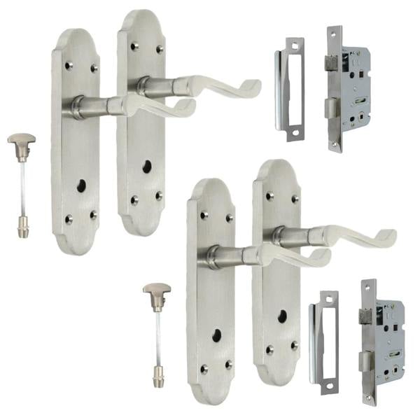 EDH Door Hardware Satin Nickel Bathroom Door Handle – Epsom Style Victorian Scroll Privacy Lever