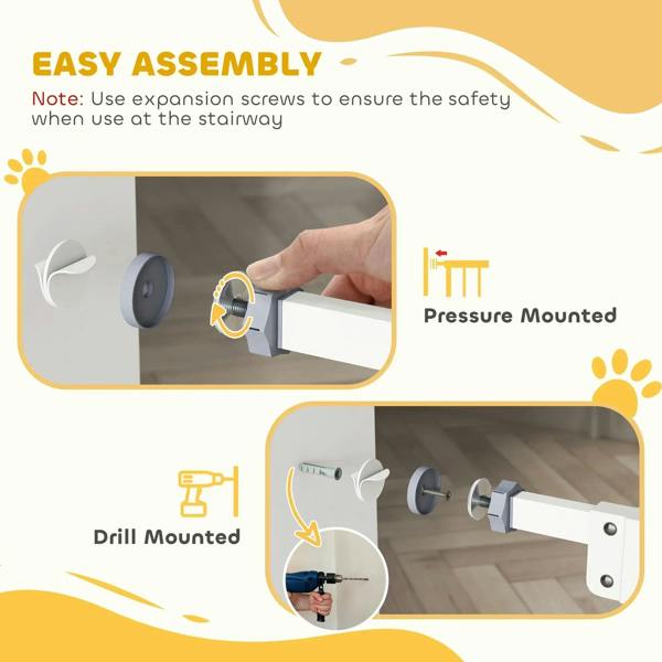 White safety gate assembly diagram with pressure-mounted feet and drill-mount bracket