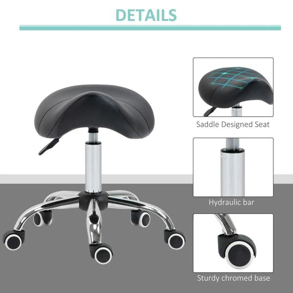 Black saddle stool with hydraulic bar, sturdy chrome base, and caster wheels