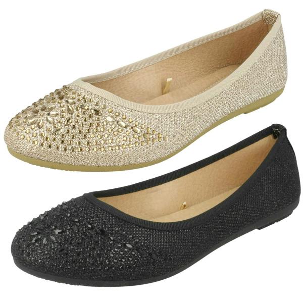 Spot On Ladies Spot On Jewel Trim Vamp Ballerinas