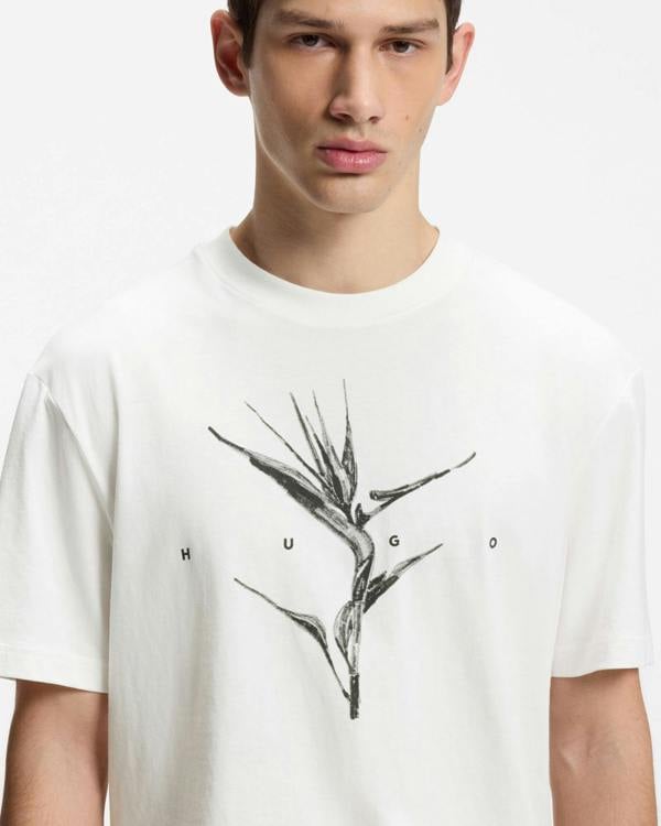 HUGO Darise Mens Relaxed-Fit T-Shirt with Artwork and Logo - Natural 102 | CHO | Designer Mens Short Sleeve T-Shirts