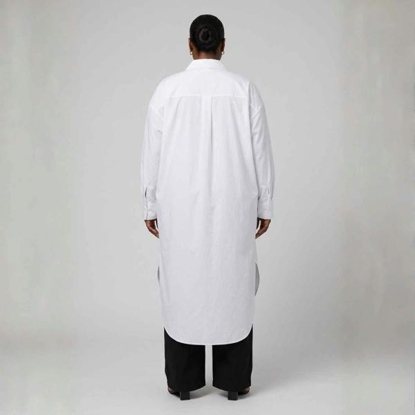 Sylvia Piechulla Plus Size White Ruched Longline Cotton Poplin Shirt Dress