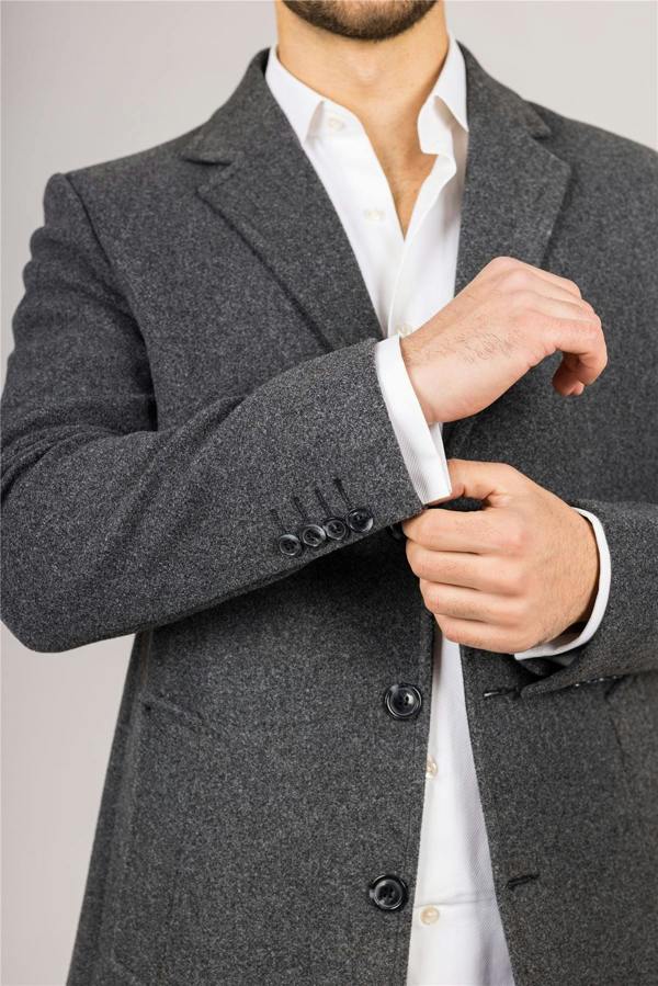 Infinity Leather Men's Notched Lapel Collar Wool Blend Grey Overcoat
