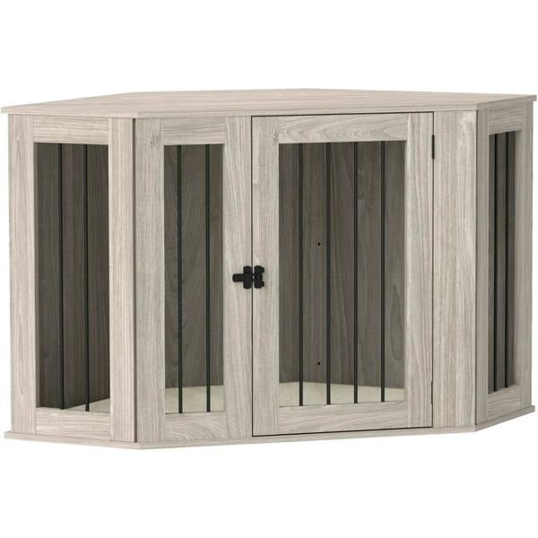 Wood dog crate furniture side table with sliding glass-front doors and black handles