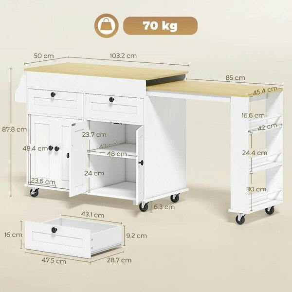 Rolling Kitchen with Expandable Top, Kitchen Island on Wheels with USB Ports & Power Outlets, Storage, White
