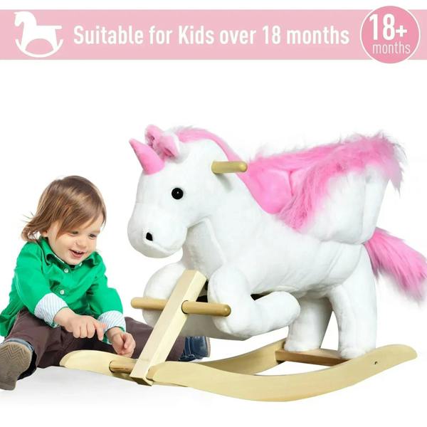Pink and white plush unicorn rocking horse toy with wooden rockers for toddlers