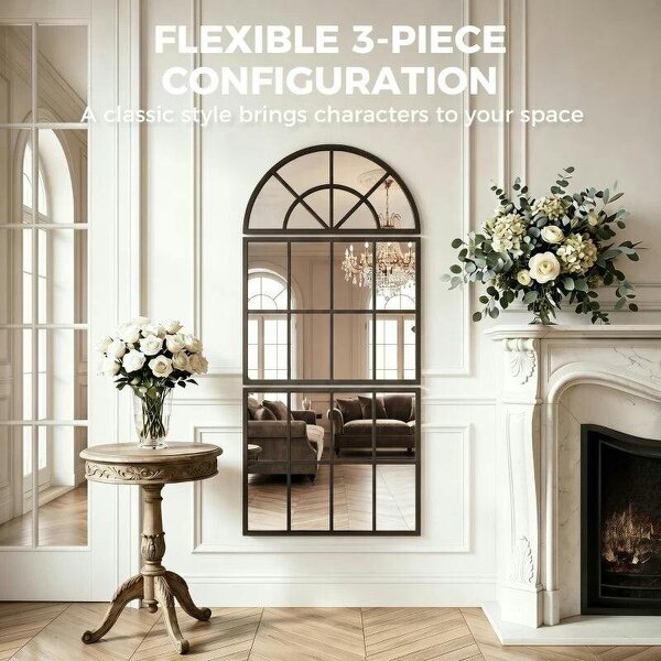 Large Arched Wall Mirror with Metal Grid, 3-Piece Split Window Mirrors, 120 x 54 cm, Black