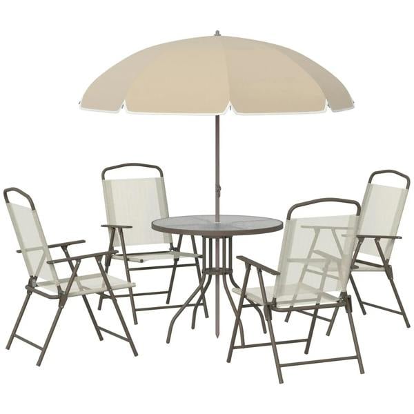 Outdoor bistro set with round table, beige parasol, and folding patio chairs