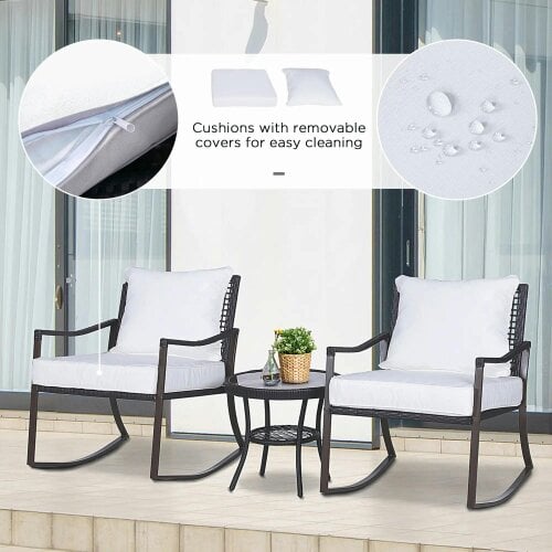 Bobobiy Rattan Bistro Set, 3 Pieces Wicker Garden Set with Rocking Chairs and Round Glass Top Coffee Table, Brown