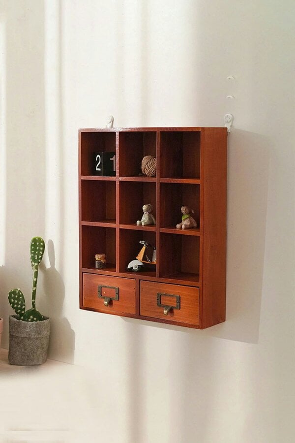 Living and Home ​Retro Cube Wooden Organizer Box with Drawer Vintage Room Decor