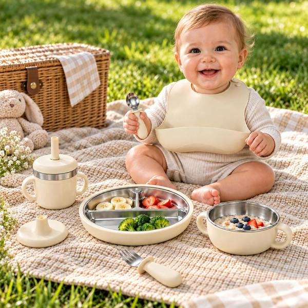 Maison des Cadeaux Baby Feeding & Weaning Set with Stainless Steel Plate, Bowl, Bib, Cup & Cutlery