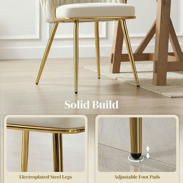 Bobobiy Velvet-Feel Dining Chairs Set of 2, Modern Upholstered Armchair with Knot Design and Golden Metal Legs, Accent Chair, Cream