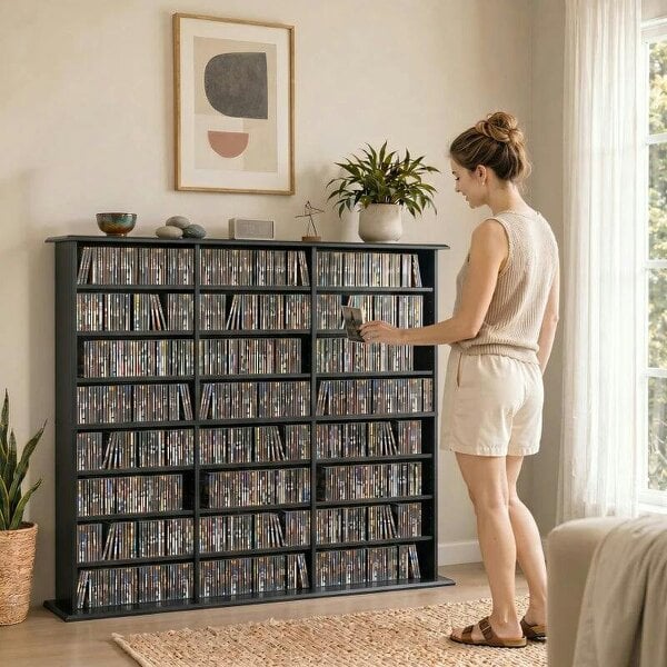 Bobobiy 1032 CD/594 DVD Storage Unit, Blu-ray Media Storage Shelf with 24 Compartments and 18 Adjustable Shelves, Black