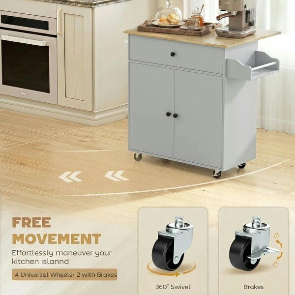 Kitchen Island with Drop Leaf, Rolling Kitchen Storage Trolley on Wheels with Drawer, Spice Rack and Towel Rack, Grey