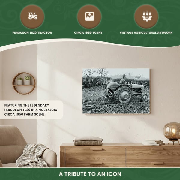 Ferguson TE20 Tractor Ploughing Canvas Picture Print, Circa 1950 Black and White Farm Scene, 60 x 40 cm, Stretched Canvas