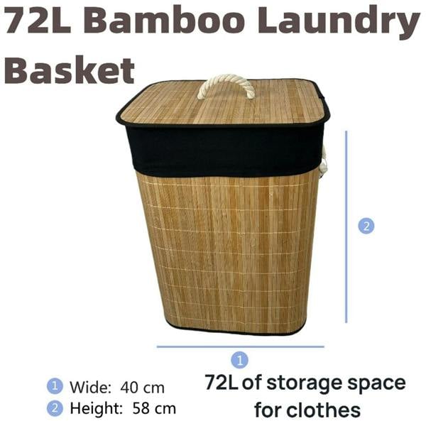Gr8 Home Bamboo Laundry Basket with Lid Liner 72L Folding Washing Clothes Bin Hamper Bag