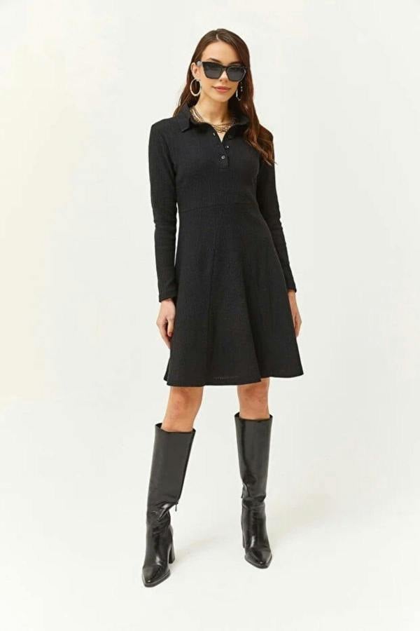 Hoxton Gal Polo Collar Buttoned Mini Flared Dress