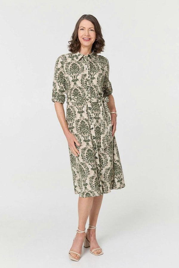 Green | Baroque Print Tie Waist Midi Shirt Dress

