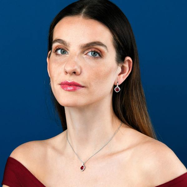 namana 925 Sterling Silver Red Cushion Shaped Halo Pendant Necklace For Women