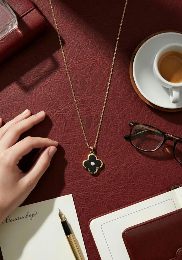 Gold necklace with a clover pendant on a red surface with a hand, glasses, and a cup.