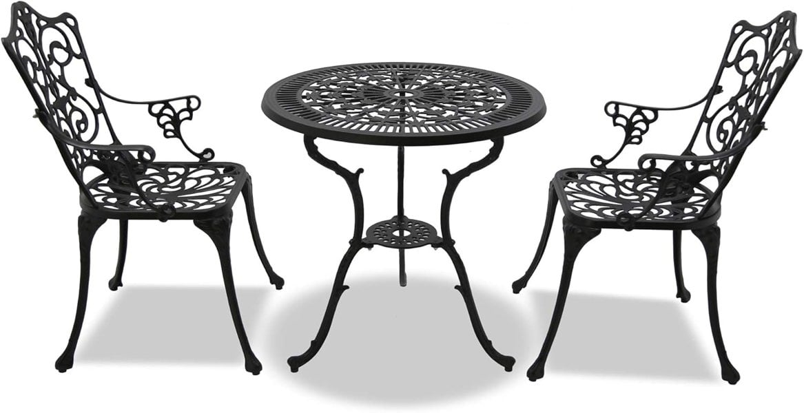 Centurion Supports TABREEZ Garden and Patio Table and 2 Large Chairs with Armrests Cast Aluminium Bistro Set - Black
