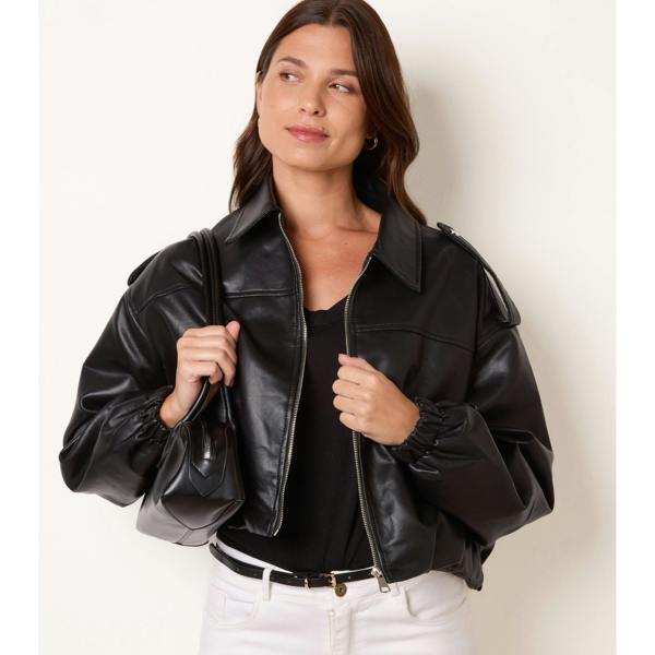 Blue Vanilla Puffball Zip Front PU Leather Jacket