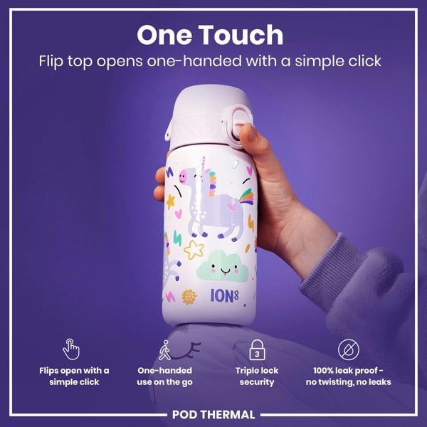 A water bottle with a unicorn design is being held; its flip top opens with a single click. The bottle features a triple lock security system and is 100% leak proof. It is advertised as one-handed use.