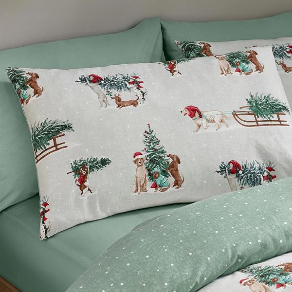 Catherine Lansfield Brushed Christmas Dogs Cotton Reversible Duvet Cover Set Green