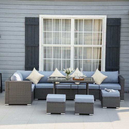 Wyld Haus Vihatta Rattan Grey And Dusty Blue 9 Seater Outdoor Corner Dining Sofa Set